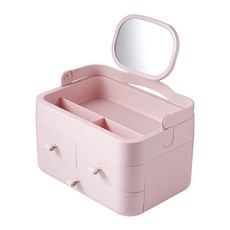 鏡子抽屜型化妝品收納盒 粉色, 1個