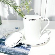 HANKOOK CHINAWARE 骨瓷 Wishes 杯墊 + 杯蓋 + 馬克杯組 300ml, 1套, 白金Wishes