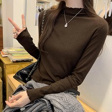 레몬소울 여성용 그레타 물결 컷팅 하프 폴라 니트 티셔츠 07633