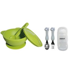 BeBeLock 矽膠吸盤碗組+不鏽鋼湯匙叉子組, 橄欖綠(餐碗套組)+灰色(餐具套組), 餐碗套組+餐具套組