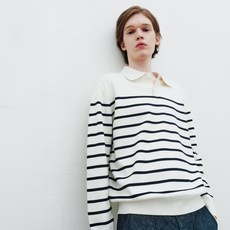 Mind Bridge 男款條紋翻領中長版寬鬆針織衫 MYKT2103