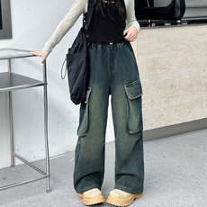 Orenjidamom 女童寬邊流蘇口袋鬆緊帶刷毛牛仔褲