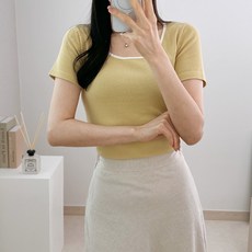 라미르 여성용 배색 유넥 골지 반팔 티셔츠