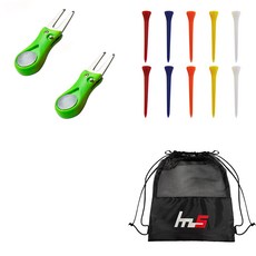 NAYASTYLE 高爾夫果嶺叉修復器 2入 + 塑膠高爾夫長球釘 10入 + 收納袋組合 GFYP-38-4+167-3PU, 隨機出貨(高爾夫球釘)