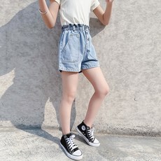 Starbean 女童抓皺鬆緊腰帶鈕扣牛仔短褲