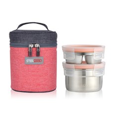 STENLOCK 史丹利 Pure 圓形雙層便當盒組 200毫升+420毫升+收納包 韓國製, VINTAGE RED, 1組