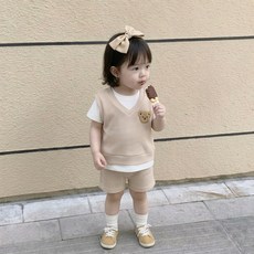 Bebeniz 鬆餅格紋層次感小熊貼飾短袖上下裝套組