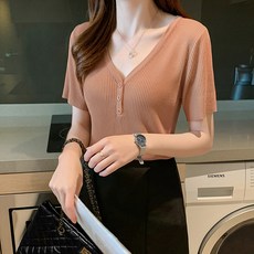 구디프 여성용 V넥 라이트 골지 컬러 반팔 니트 티셔츠