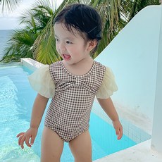 Uvely 兒童 Ripong 格紋泡泡袖泳裝