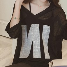 구디프 여성용 뉴 V넥 루즈핏 티셔츠 + 레이어드 탑 세트