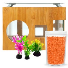 Aquatera 木質魚缸 AMZW30+魚缸裝飾仿真植物 3入+造景石 1kg+LED燈組, 橙色（地坪材料），隨機發貨（水草）