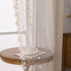 Mimisole 梅花刺繡蕾絲寢室客廳穿環式窗簾, 白色米色