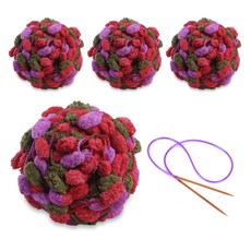 Miso毛線 絨球大球編織線 4入 + 6mm輪針套組, 編織線(17 紅色 + 粉紅色 + 綠色), 1個