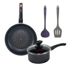 QUEEN SENSE IH爐適用單柄鍋具+鍋鏟 4入, 黑色, 單柄湯鍋18cm+平底鍋28cm+矽膠湯勺+鍋鏟