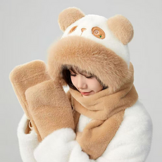 Kifofo 嚴冬滑雪板滑雪防寒一體式帽子圍巾手套, 棕色熊貓, 1個