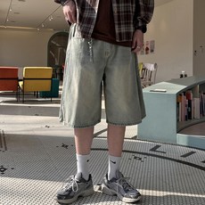 男士側邊打褶百慕達寬版牛仔褲