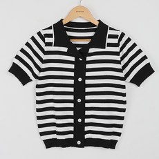 빼빼 여성용 카라넥 스트라이프 가디건 반팔 니트 티셔츠
