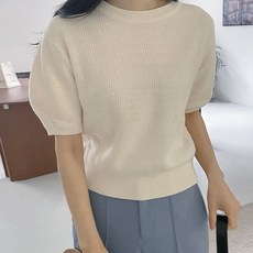 비엔엑스 여성용 퍼프 볼륨 라운드 반팔 니트