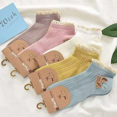 Daycozy 女款粉彩荷葉邊蕾絲羅紋短襪 5雙, 淺色, 1套