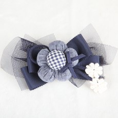 POP PUPPY 狗狗棉質格紋花朵髮夾, 海軍藍, 1個