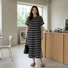 MarketA 女款大尺碼休閒條紋短袖連身裙 M263-0718B, 黑色
