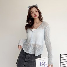 더시럽 여성용 V넥 파스텔라인 골지 니트 긴팔 가디건