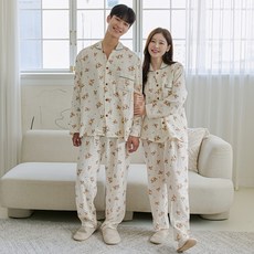 찌니야 커플용 통기성 몽글곰 긴팔 상하의 잠옷 세트 1128