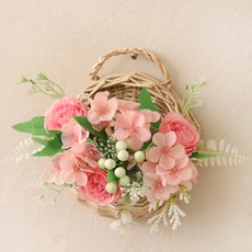 센트바스켓 조화 피오니아 로즈 라탄 벽걸이 바구니 세트, 핑크, 1개