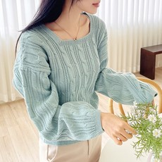 플랜데이 여성용 파스텔 청순 스퀘어넥 오버핏 꽈배기 니트