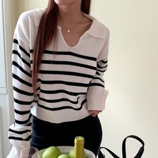 시크블랙 여성용 도스네 반오픈 카라넥 단가라 긴팔 니트 cpnt3907k28