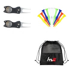 NAYASTYLE 高爾夫果嶺叉修補器 黑色 2入 + 塑膠高爾夫長球釘 隨機發貨 10入 + 收納袋套組 GFYP-39-4 181PU, 混合色