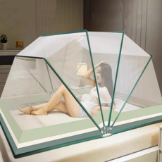 MUJI 無印良品 2024新款家用臥室免安裝可折疊防蚊罩蒙古包紋帳 適用1.5m床, 條紋綠