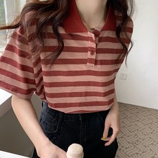 마켓에이 여성용 통기성 스트라이프 라인 카라 반팔 티셔츠
