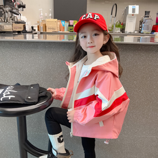 Orenjidamom 女童中長版撞色雙線抽繩防風外套
