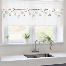 wooree&deco 綠色樹枝刺繡廚房短窗簾, 米白色