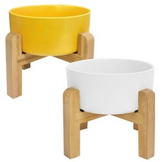 MONAGIO 寵物木託盤陶瓷餐具2件組 大, 白色 + 黃色