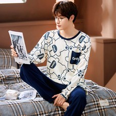 자나바 커플용 츄하트베어 배색 골지 레터링 긴팔 잠옷 상하의 세트 264180