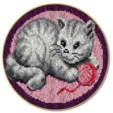 Alode 圓形貓咪地毯地墊 DIY 手工刺繡套組 中文版 白色印刷網格, 1個, NO 06