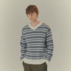 Mind Bridge 男款羊毛混紡費爾島 V 領半寬鬆針織T恤 MYKT7153