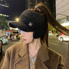 Parajuni 女士帽簷馬尾冬季毛絨運動遮陽帽 HJ0900, 黑色, 1個