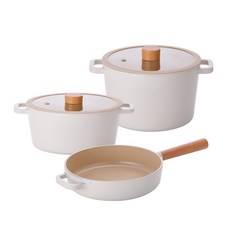 Kitchen well IH爐可用 陶瓷鍋套組, 米色, 雙手把鍋22cm+燉鍋22cm+平底鍋22cm, 1組