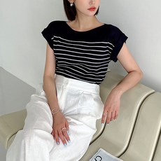 뜨개진 여성용 롤업 스트라이프 골지 코메루 보트넥 민소매 티셔츠