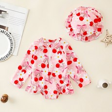 우주아이 아동용 리본체리 원피스수영복 + 수영모 세트