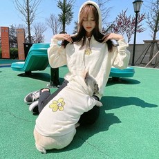 寵物狗親子衣服組-向日葵圖連帽T恤, 白色