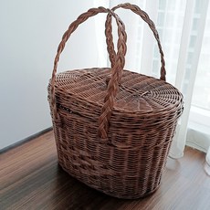藤編店藤製蓋子手提橢圓野餐藤籃 J089, 1個, 棕色