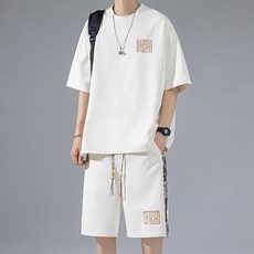 男士時尚潮流側邊小熊亮點寬鬆版短袖 + 短褲套裝