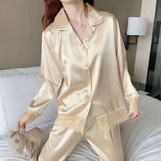 안나앤코 여성용 레이스 실크 긴팔 파자마 상하의 세트