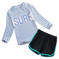 GOING KIDS 女童款SURF印花條紋長袖泳衣+撞色短泳褲