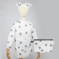 BEBE CHOUETTE 兒童防水長袖美術圍裙 + 頭巾 + 收納袋組, 北歐星星 米白色