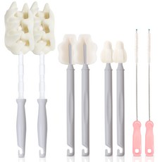 hibee 奶瓶奶嘴清洗刷+長寬刷+長款奶嘴刷+吸管刷, 淺灰色(長款奶嘴刷刷)+隨機出貨(吸管清潔刷), 2組